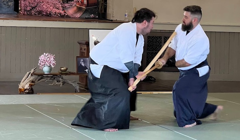 Two aikido parcticioners demonstrating sword kata.